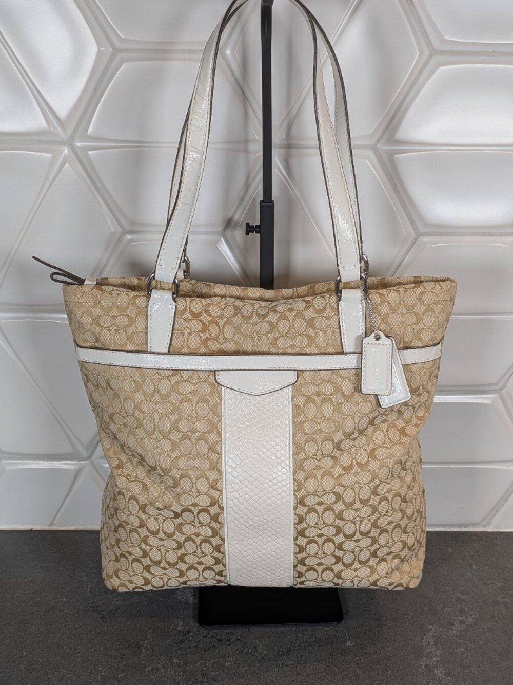 Coach Signature Stripe Snakeskin Python Embossed Jacquard Canvas Tote Bag Womens